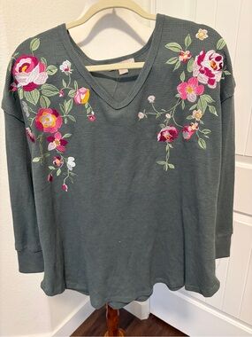 Woman Within Green V-Neck Embroidered Floral Waffle Knit Top